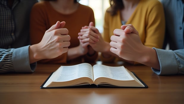 Christian family group holding hands and praying together worshiping with Bible on wooden table symbolizing belief and devotional prayer meeting concept concept as Christian family Act 6 photo
