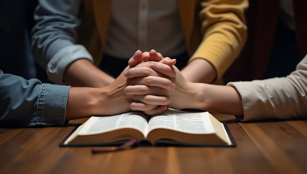 Christian group holding hands and praying together worshiping with Bible on wooden table symbolizing belief and devotional prayer meeting concept concept as Christian group holding Act photo