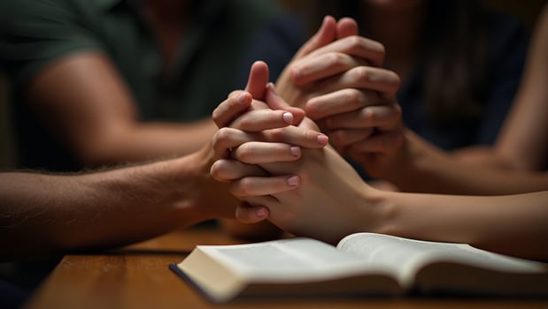 Christian group holding hands and praying together worshiping with Bible on wooden table symbolizing belief and devotional prayer meeting concept concept as Christian group holding Act 6 photo