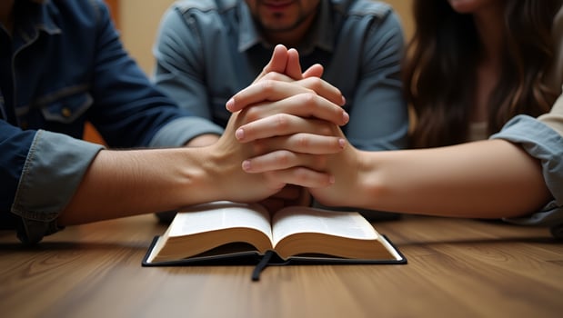 Christian group holding hands and praying together worshiping with Bible on wooden table symbolizing belief and devotional prayer meeting concept concept as Christian group holding Act 5 photo