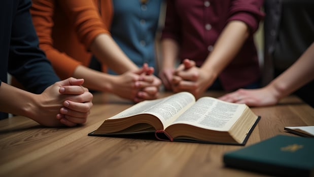 Christian group holding hands and praying together worshiping with Bible on wooden table symbolizing belief and devotional prayer meeting concept concept as Christian group holding Act 2 photo