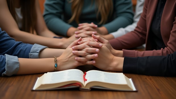 Christian group holding hands and praying together worshiping with Bible on wooden table symbolizing belief and devotional prayer meeting concept concept as Christian group holding Act 4 photo