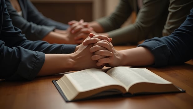 Christian group holding hands and praying together worshiping with Bible on wooden table symbolizing belief and devotional prayer meeting concept concept as Christian group holding Act 8 photo