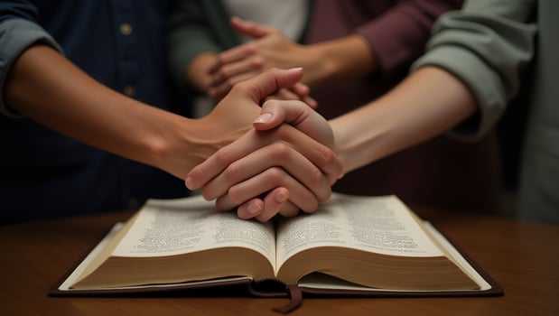 Christian group holding hands and praying together worshiping with Bible on wooden table symbolizing belief and devotional prayer meeting concept concept as Christian group holding Act 7 photo
