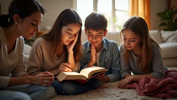 Christian friends group reading pray study bible together home Sunday school church concept studying word god concept as Christian friends group reading praying and studying the Bi Act 5 photo