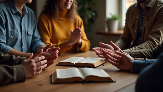 Christian group holding hands and praying together worshiping with Bible on wooden table symbolizing belief and devotional prayer meeting concept concept as Christian group holding Act 3 photo