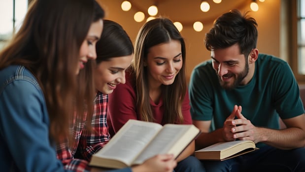 Christian friends group reading pray study bible together home Sunday school church concept studying word god concept as Christian friends group reading praying and studying the Bi Act 6 photo