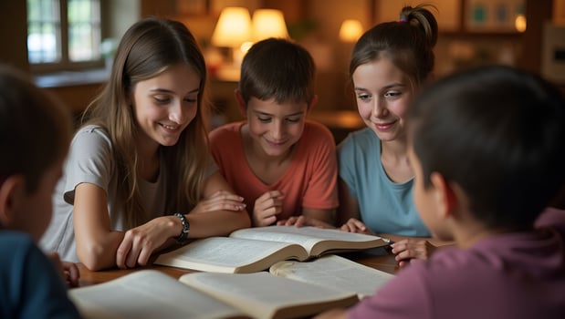 Christian friends group reading pray study bible together home Sunday school church concept studying word god concept as Christian friends group reading praying and studying the Bi Act 8 photo