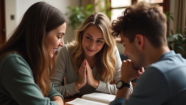 Christian friends group reading pray study bible together home Sunday school church concept studying word god concept as Christian friends group reading praying and studying the Bi Act 4 photo