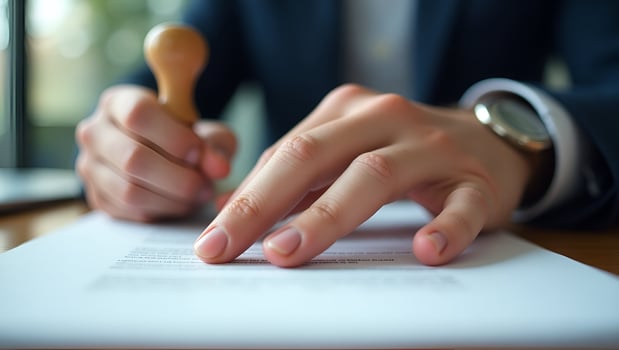 Closed up businessman hand using wooden stamping document approve reject document project concept copy space concept as Close up of businessmans hand using wooden stamp to approve Act 6 photo
