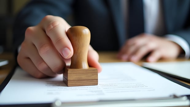 Closed up businessman hand using wooden stamping document approve reject document project concept copy space concept as Close up of businessmans hand using wooden stamp to approve Act 7 photo