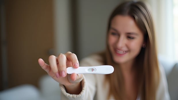 Young woman holding pregnancy test in hand depicting pregnancy confirmation and emotional moment in personal setting concept as Young woman holding pregnancy test in hand depictin Act 3 photo