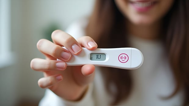 Young woman holding pregnancy test in hand depicting pregnancy confirmation and emotional moment in personal setting concept as Young woman holding pregnancy test in hand depictin Act 7 photo