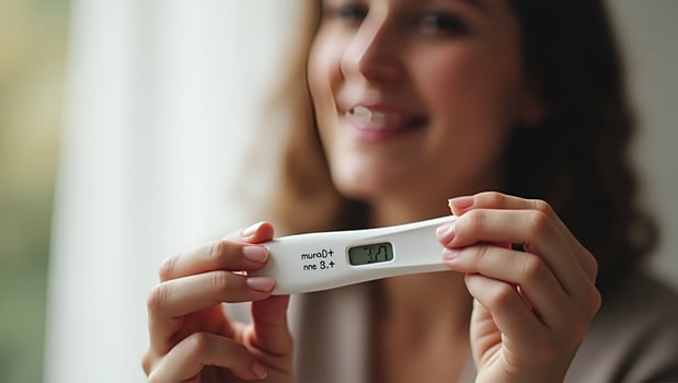 Flat Young woman holding pregnancy test in hand depicting pregnancy confirmation and emotional moment in personal setting concept as Young woman holding pregnancy test in hand dep Act 5 photo