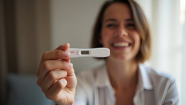 Flat Young woman holding pregnancy test in hand depicting pregnancy confirmation and emotional moment in personal setting concept as Young woman holding pregnancy test in hand dep Act 6 photo