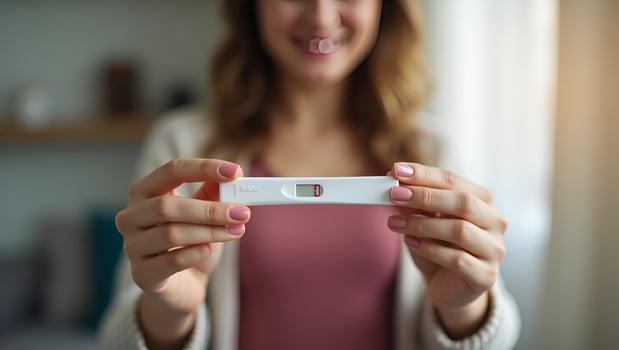 Young woman holding pregnancy test in hand depicting pregnancy confirmation and emotional moment in personal setting concept as Young woman holding pregnancy test in hand depictin Act 2 photo