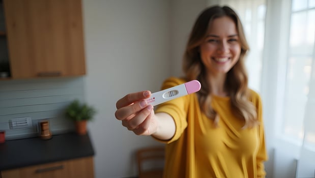 Young woman holding pregnancy test in hand depicting pregnancy confirmation and emotional moment in personal setting concept as Young woman holding pregnancy test in hand depictin Act 6 photo