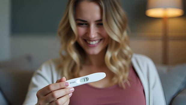 Young woman holding pregnancy test in hand depicting pregnancy confirmation and emotional moment in personal setting concept as Young woman holding pregnancy test in hand depictin Act 4 photo