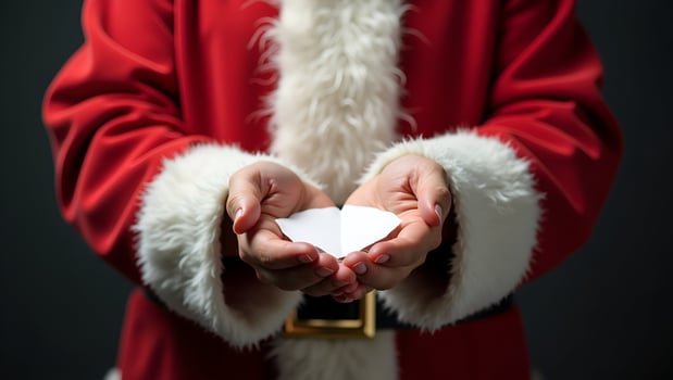 Flat Christmas Santa Claus showing empty copy space on the open hand palm for text concept as Santa Claus holding open hand for text symbolizing promotional opportunities festive m Act 2 photo