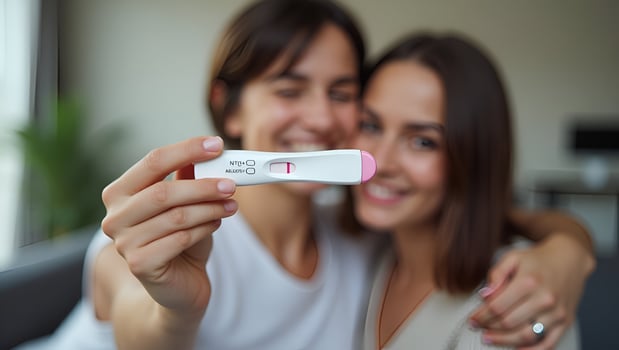 Flat Young woman holding pregnancy test in hand depicting pregnancy confirmation and emotional moment in personal setting concept as Young woman holding pregnancy test in hand dep Act 7 photo
