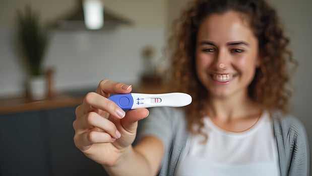 Young woman holding pregnancy test in hand depicting pregnancy confirmation and emotional moment in personal setting concept as Young woman holding pregnancy test in hand depictin Act 5 photo