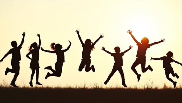 Children jump joyfully in silhouette illustrating happy moments and childhood happiness concept as Children jump joyfully in silhouette illustrating happy moments and childhood ha Act photo