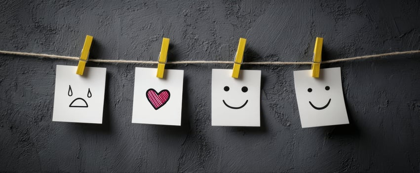 The display of emotions with illustrated notes hanging on a string. photo