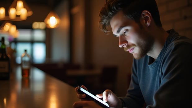 Young hipster guy texting with his mobile phone at the bar representing modern communication social interaction and urban lifestyle concept as Young hipster guy texting with his m Act 7 photo