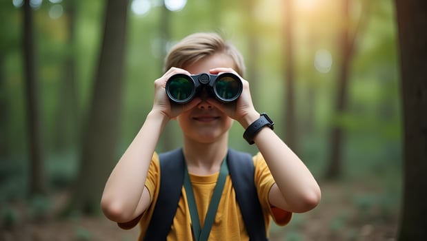 Flat Young with Binocular on outdoor forest on background Travel concept concept as Young person using binoculars outdoors in forest background illustrating exploration nature dis Act 2 photo
