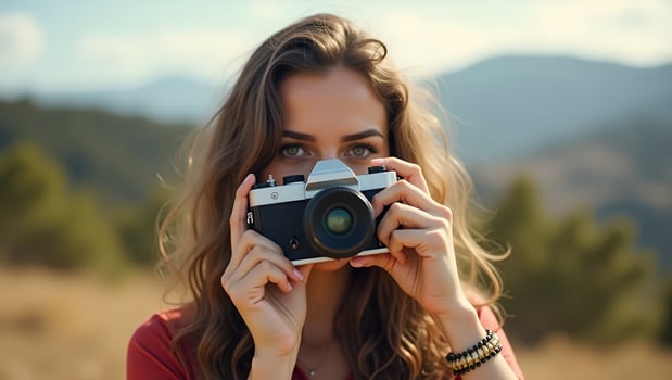 Young beautiful hipster woman holding retro camera outside with scenic background highlighting photography and artistic expression concept as Young beautiful hipster woman holding Act 3 photo