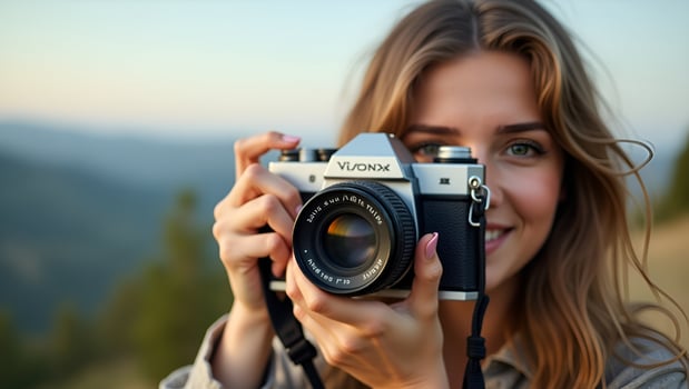 Young beautiful hipster woman holding retro camera outside with scenic background highlighting photography and artistic expression concept as Young beautiful hipster woman holding Act 7 photo