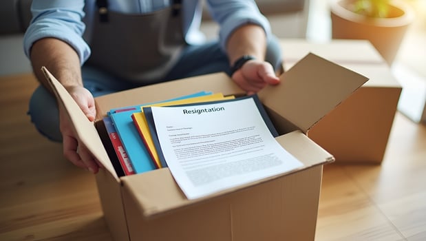 Flat personnel packing personal belongings and files into a brown cardboard box with resignation letter for changing and resign from work concept for quit or change of job concept Act 5 photo