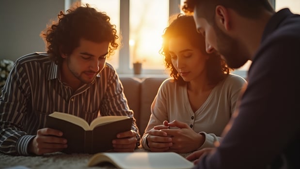 Flat Christian couple or group reading study the bible together and pray at a home or Sunday school at church concept studying the word of God concept as Christian couple or grou Act 6 photo