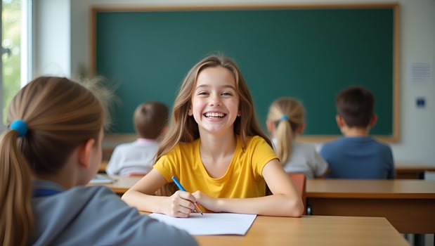 Flat Smiling young student in classroom environment symbolizing educational aspiration academic progress and future leadership concept as Vivid portrait captures confident boy amo Act 8 photo