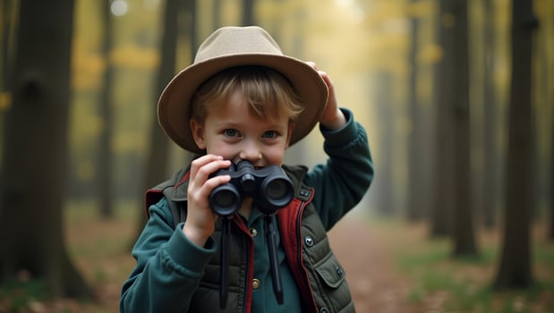 Flat Young with Binocular on outdoor forest on background Travel concept concept as Young person using binoculars outdoors in forest background illustrating exploration nature dis Act photo
