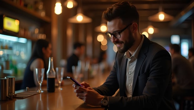 Young hipster guy texting with his mobile phone at the bar representing modern communication social interaction and urban lifestyle concept as Young hipster guy texting with his m Act 2 photo
