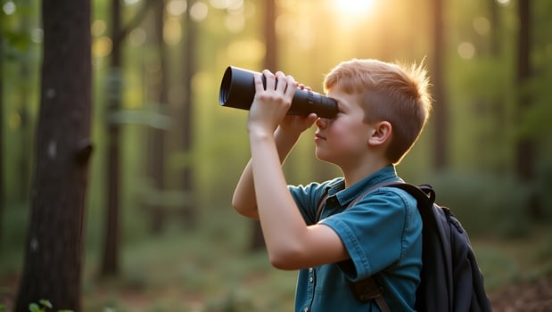 Flat Young with Binocular on outdoor forest on background Travel concept concept as Young person using binoculars outdoors in forest background illustrating exploration nature dis Act 3 photo