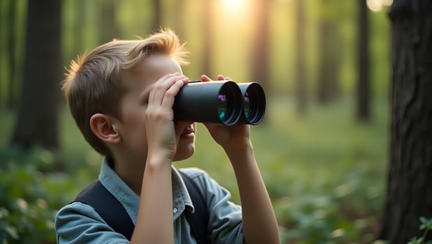 Young with binocular on outdoor forest background travel concept illustrating exploration nature discovery and adventure concept as Young person using binoculars outdoors in forest Act 5 photo