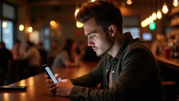 Young hipster guy texting with his mobile phone at the bar representing modern communication social interaction and urban lifestyle concept as Young hipster guy texting with his m Act 6 photo