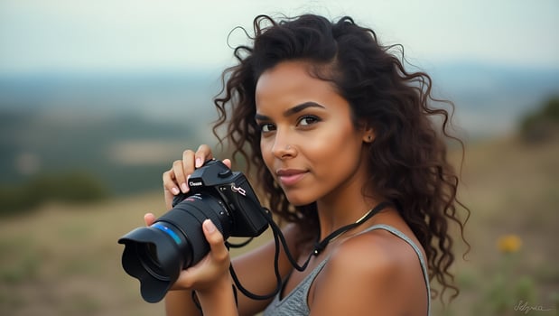 Young beautiful hipster woman holding retro camera outside with scenic background highlighting photography and artistic expression concept as Young beautiful hipster woman holding Act 8 photo
