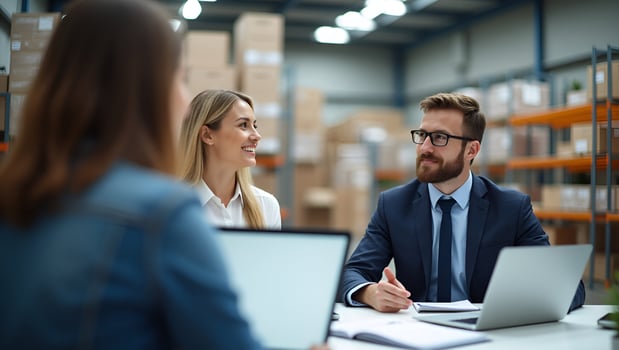 Flat professional business partner meeting for work with certification approval concept logistics and warehouse in banner background concept as Colleagues finalize contract validat Act 3 photo