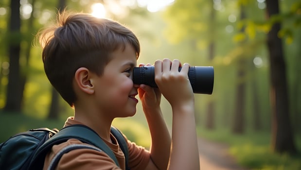 Flat Young with Binocular on outdoor forest on background Travel concept concept as Young person using binoculars outdoors in forest background illustrating exploration nature dis Act 7 photo