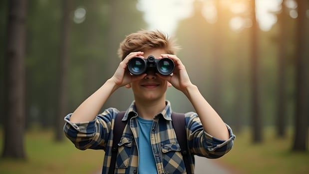 Flat Young with Binocular on outdoor forest on background Travel concept concept as Young person using binoculars outdoors in forest background illustrating exploration nature dis Act 5 photo