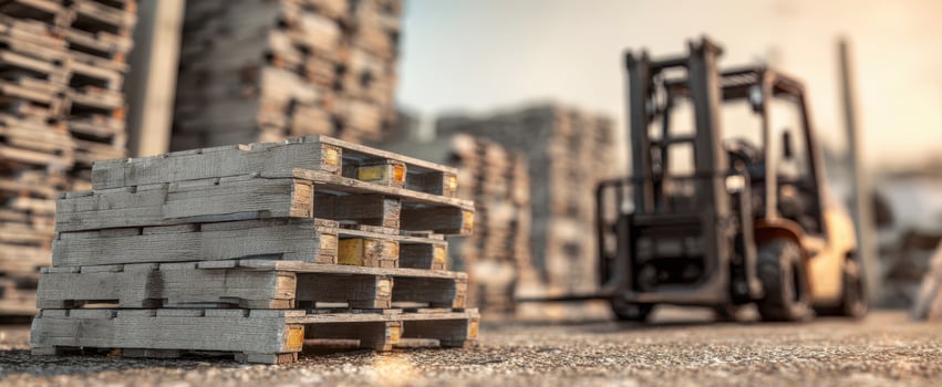 The industrial setting featuring wooden pallets and a forklift in motion. photo