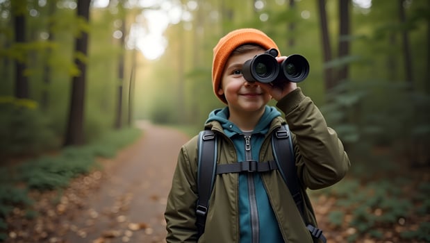 Flat Young with Binocular on outdoor forest on background Travel concept concept as Young person using binoculars outdoors in forest background illustrating exploration nature dis Act 4 photo