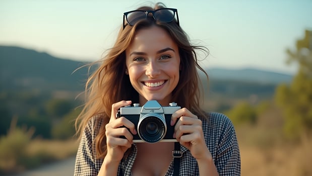 Young beautiful hipster woman holding retro camera outside with scenic background highlighting photography and artistic expression concept as Young beautiful hipster woman holding Act photo