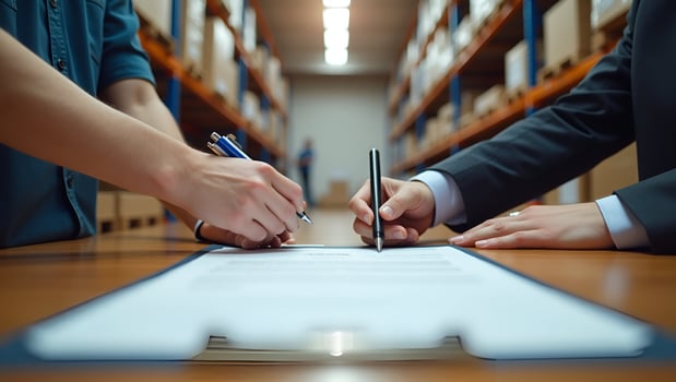 Flat professional business partner meeting for work with certification approval concept logistics and warehouse in banner background concept as Colleagues finalize contract validat Act 5 photo