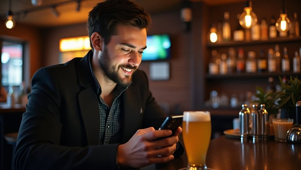 Young hipster guy texting with his mobile phone at the bar representing modern communication social interaction and urban lifestyle concept as Young hipster guy texting with his m Act photo