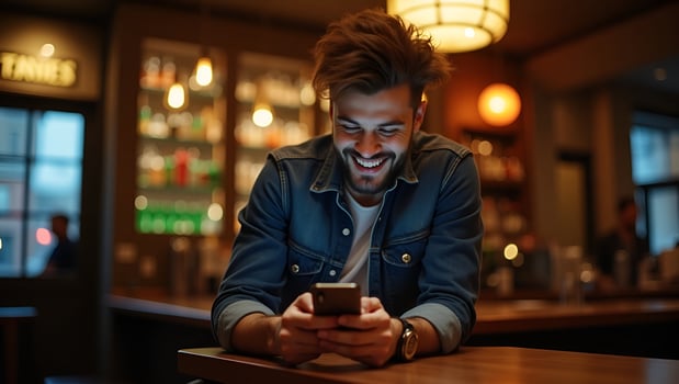 Young hipster guy texting with his mobile phone at the bar representing modern communication social interaction and urban lifestyle concept as Young hipster guy texting with his m Act 3 photo