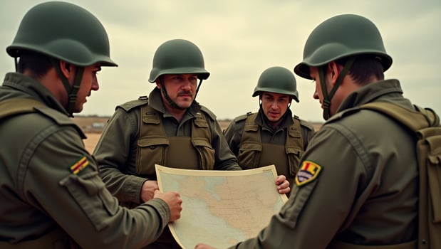 Flat Soldiers looking at the map concept as Group of soldiers examining a map symbolizing strategy teamwork and tactical planning in military operations in Simple flat cute Act 4 photo